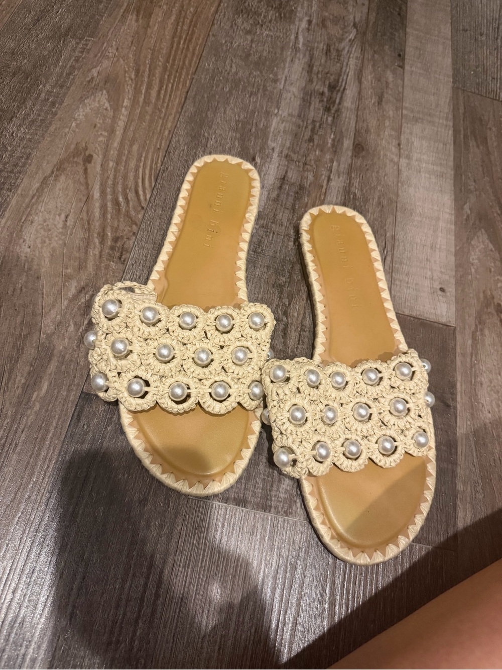 Gianni Bini Cream Crochet Slide Sandals with Pearl Accents